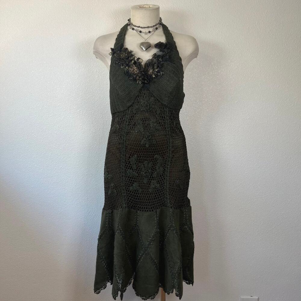 Vintage Sue Wong Fairy Grunge Crochet Halter Midi Dress Olive Green Floral Y2K